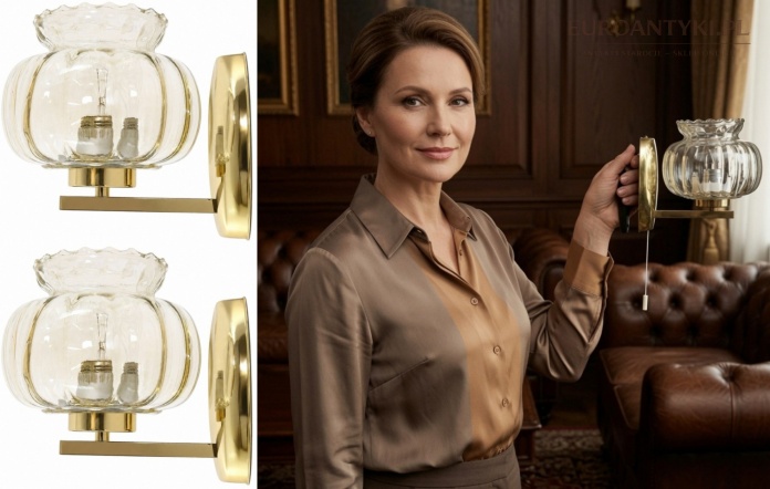 starodawne złote kinkiety mosiężne z kloszem miodowym